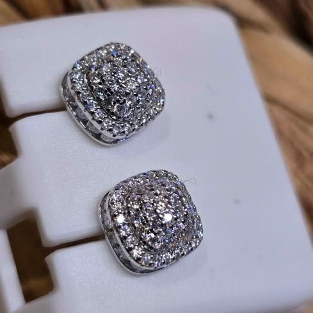 Square Moissanite .925 Halo Stud Earrings with Screw Backs - Picture 3 of 6